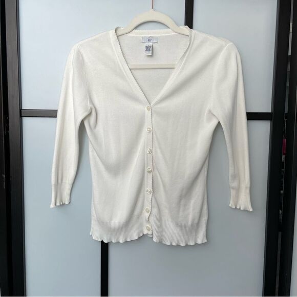 [xs/s] GAP Women’s White Ribbed Knit 100% Cotton Button Down 90s Baby Cardigan - Picture 4 of 15